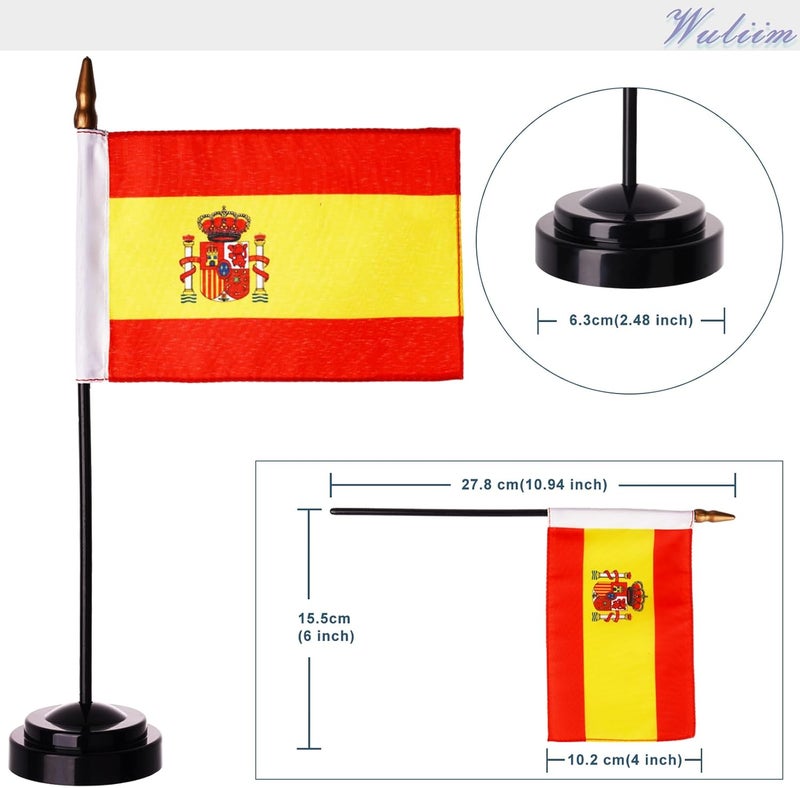 Wuliim Premiun Spain Desktop Flag Set - 4 x 6 inch Stitched Miniature Spainish Desk Flag with 12" Solid Pole, Black Base and Spear Top | Mini Spainish Office Table Flags - Vivid Color and Fade Resistant - Image 3